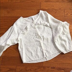 Zara White Ruffle-Trim Button-Front Blouse
